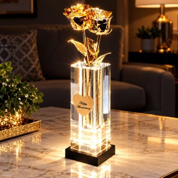2 Illuminated 11" 24k Gold Roses in 8" Personalized Crystal Vase